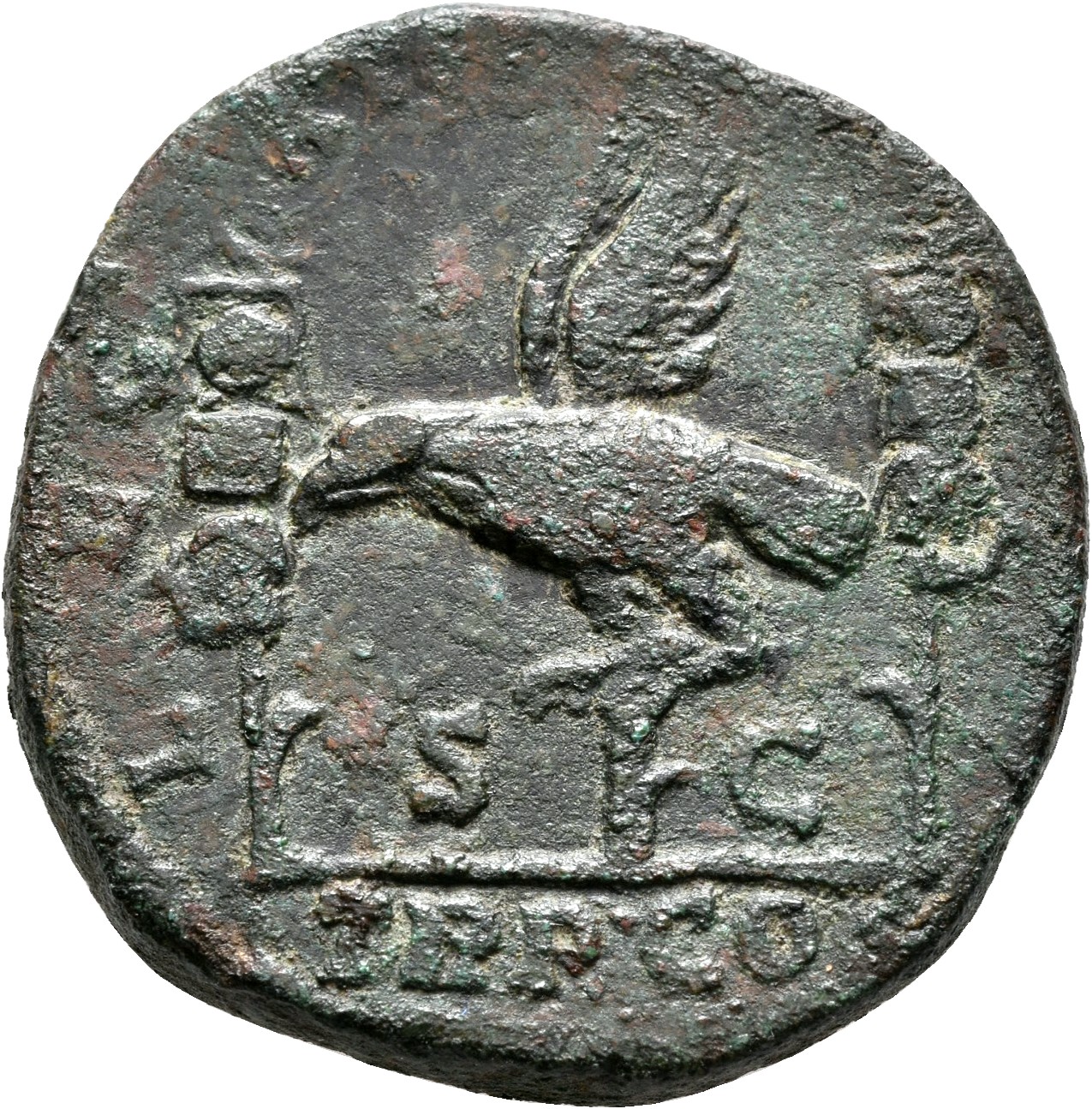 RIC IV Septimius Severus 652 Septimius Severus reverse, Legionary eagle, standing left on perch between standards