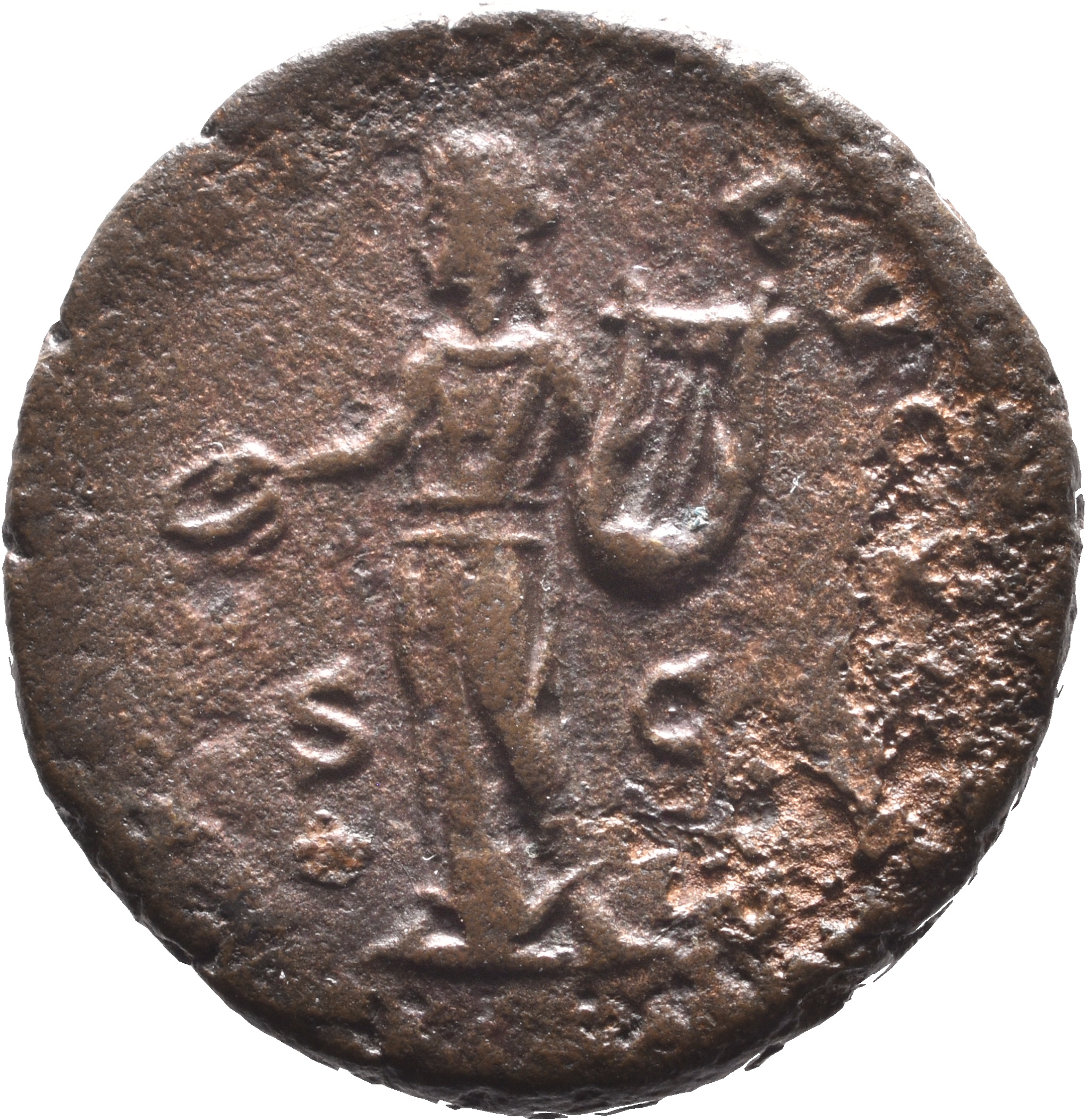 RIC IV Septimius Severus 682 Septimius Severus reverse, Apollo, wearing long robe to feet, standing left, holding patera i...