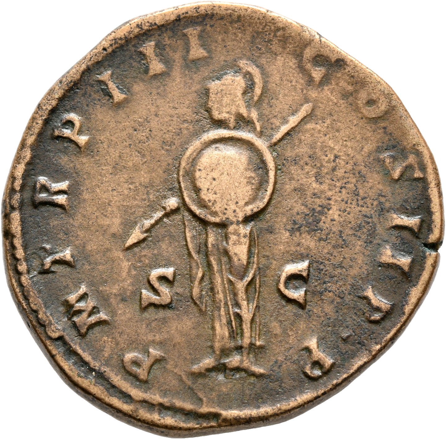 RIC IV Septimius Severus 689 Septimius Severus reverse, Minerva, helmeted, draped, standing left, holding spear in right h...