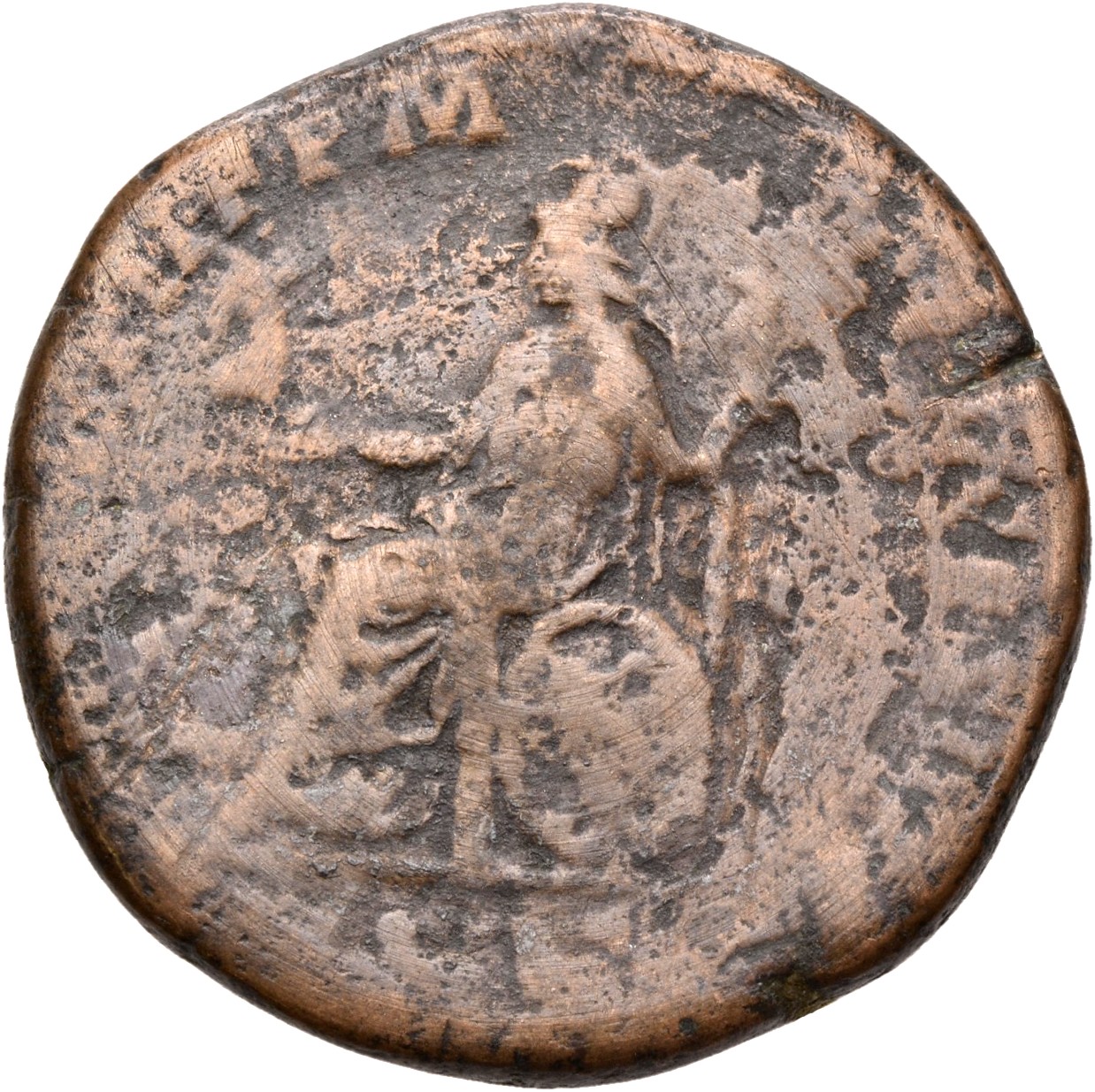 RIC IV Septimius Severus 700a Septimius Severus reverse, Roma, helmeted, draped, seated left on shield, holding Victory in...