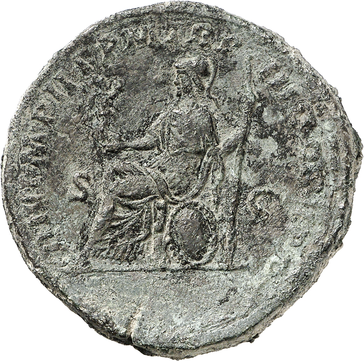 RIC IV Septimius Severus 700b Septimius Severus reverse, Roma, helmeted, draped, seated left on shield, holding Victory in...