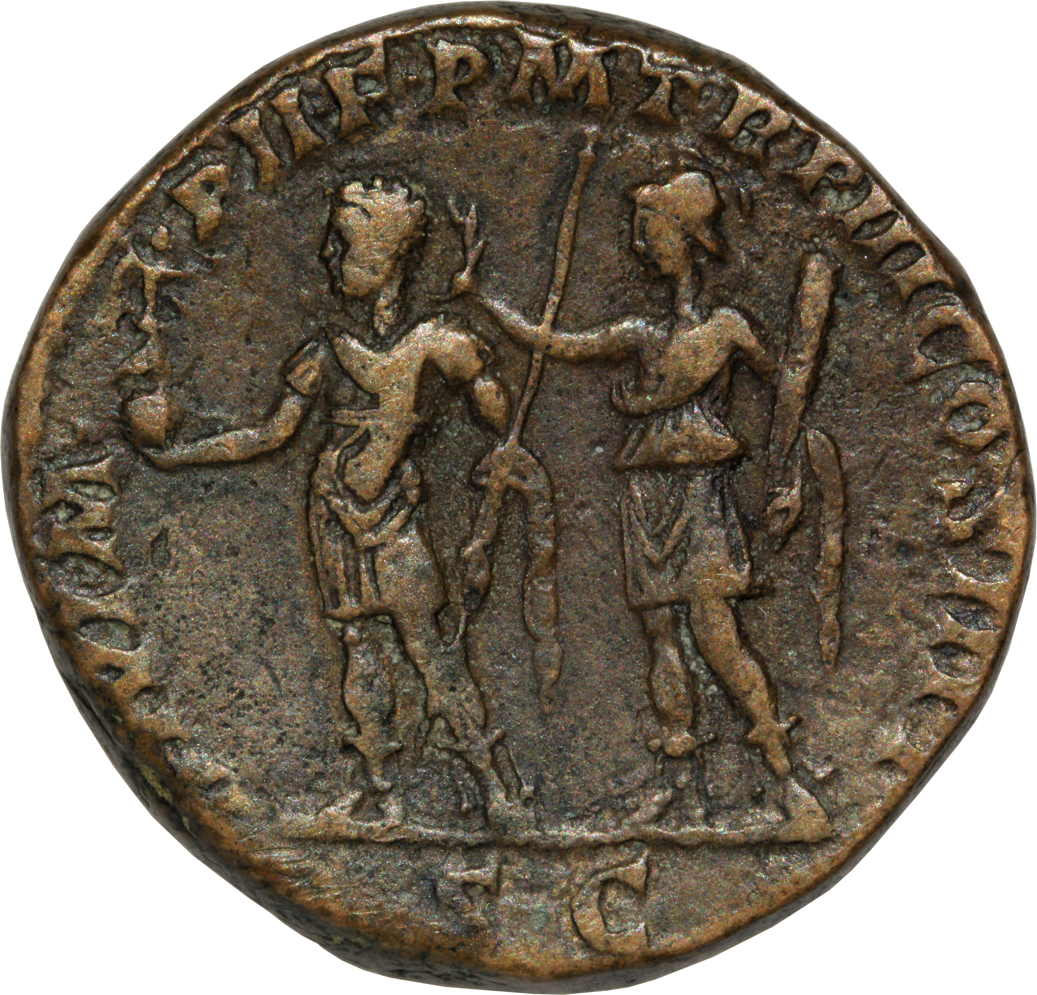 RIC IV Septimius Severus 702a Septimius Severus reverse, Septimius Severus, in military attire, standing left, holding Vic...