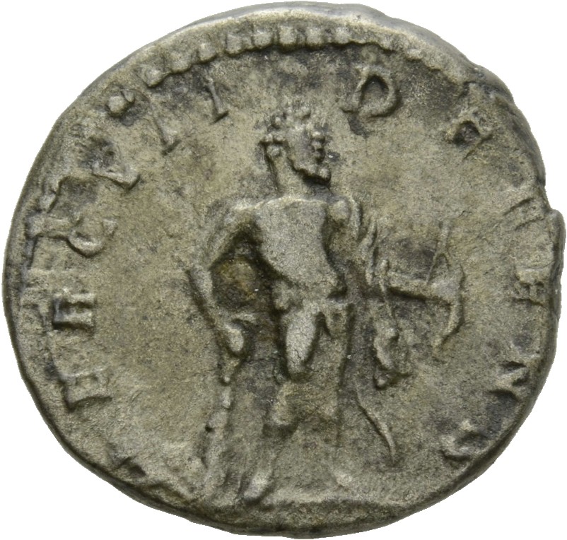 RIC IV Septimius Severus 79 Septimius Severus reverse, Hercules, naked, lion-skin draped over left arm, standing right, ho...