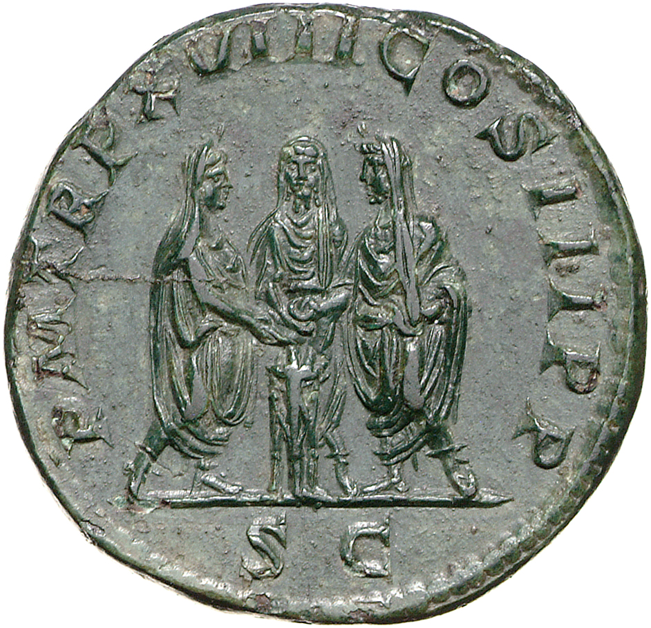 RIC IV Septimius Severus 798 Septimius Severus reverse, Septimius Severus, veiled, togate, standing left, sacrificing out ...