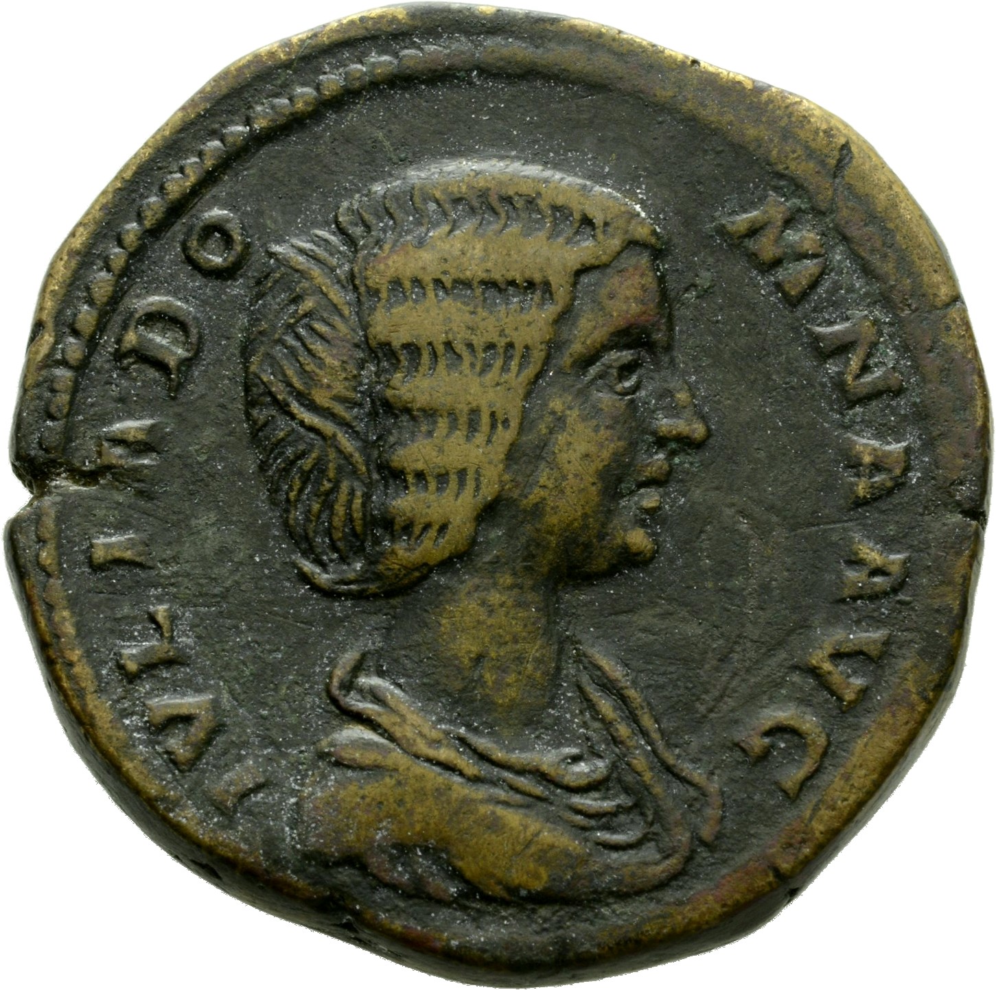 RIC IV Septimius Severus 842 Septimius Severus obverse, Bust of Julia Domna, hair waved and coiled at back, draped, right