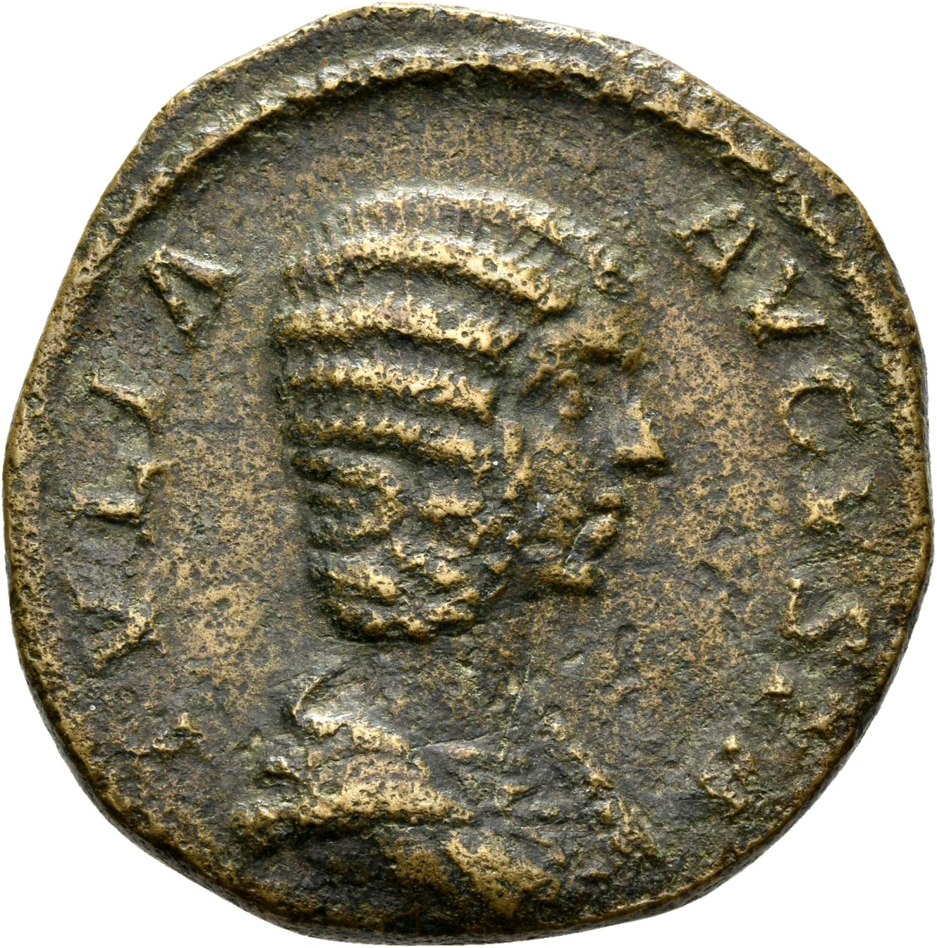 RIC IV Septimius Severus 849 Septimius Severus obverse, Bust of Julia Domna, hair waved and coiled at back, draped, right