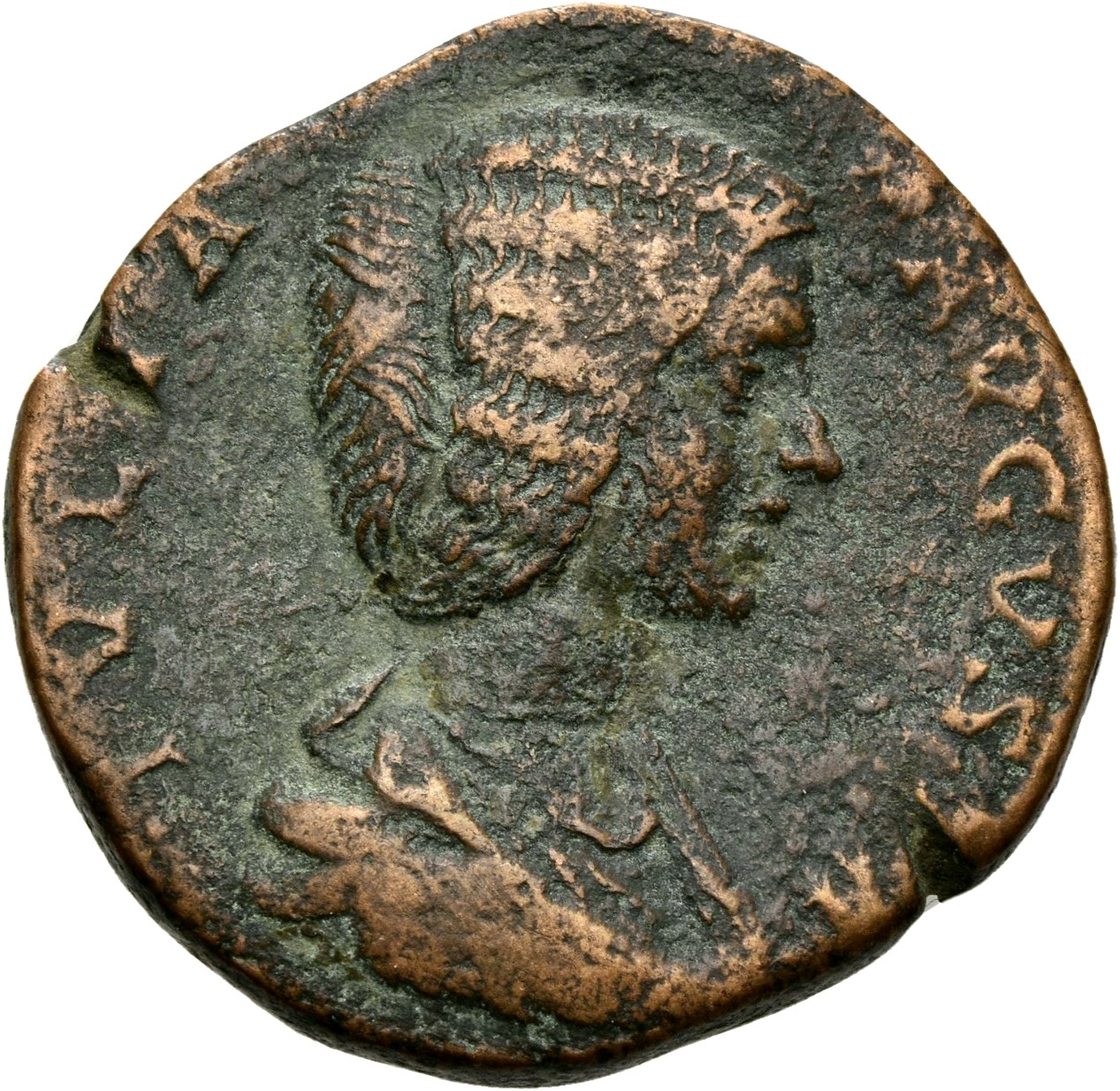 RIC IV Septimius Severus 855 Septimius Severus obverse, Bust of Julia Domna, hair waved and coiled at back, draped, right