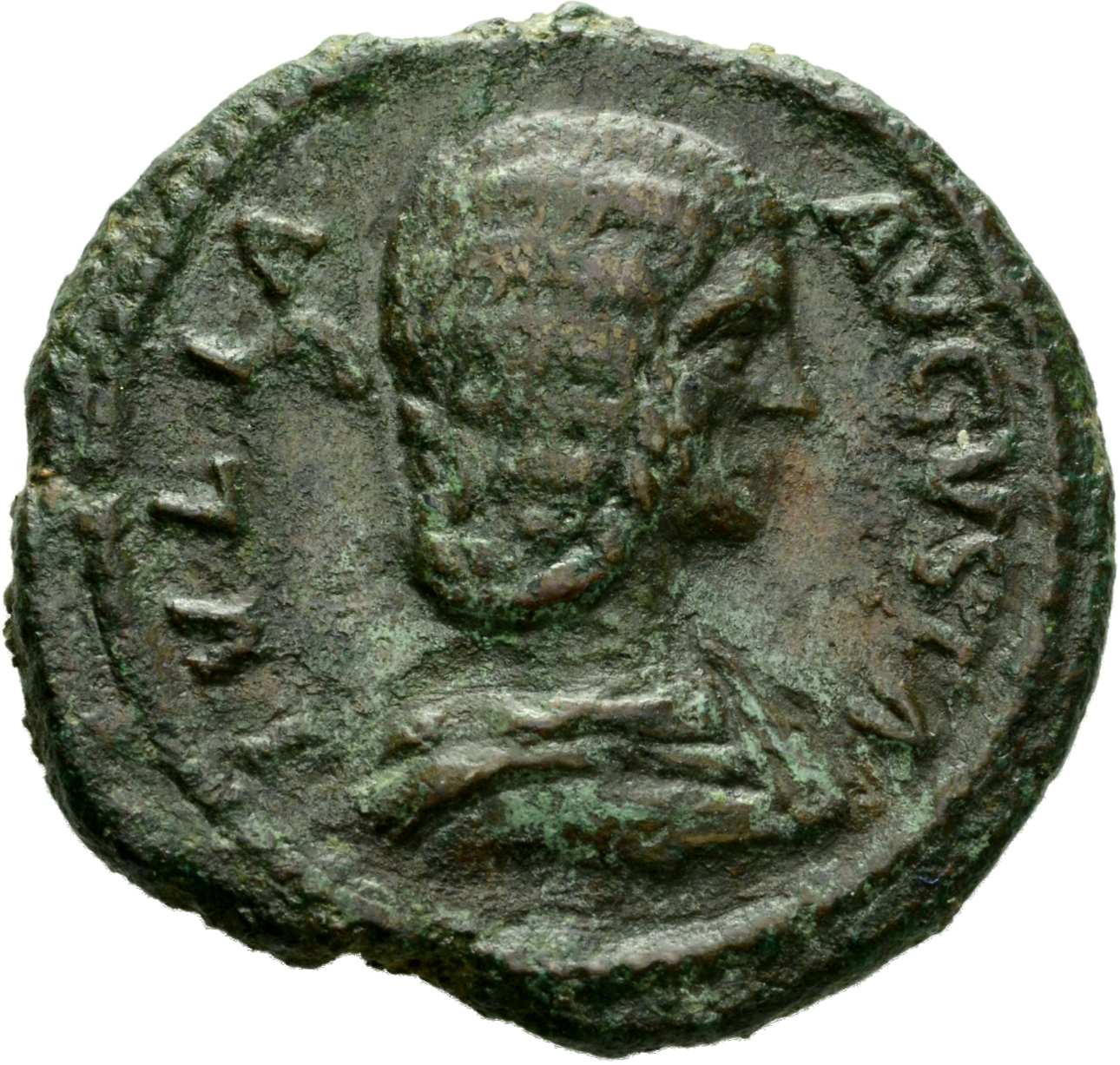 RIC IV Septimius Severus 877 (as) Septimius Severus obverse, Bust of Julia Domna, hair waved and coiled at back, draped, r...