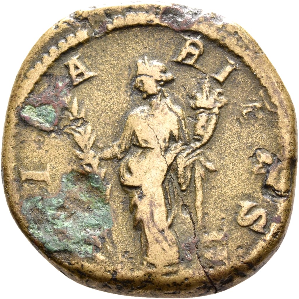 RIC IV Septimius Severus 877 (as) Septimius Severus reverse, Hilaritas, draped, standing left, holding long palm in right ...