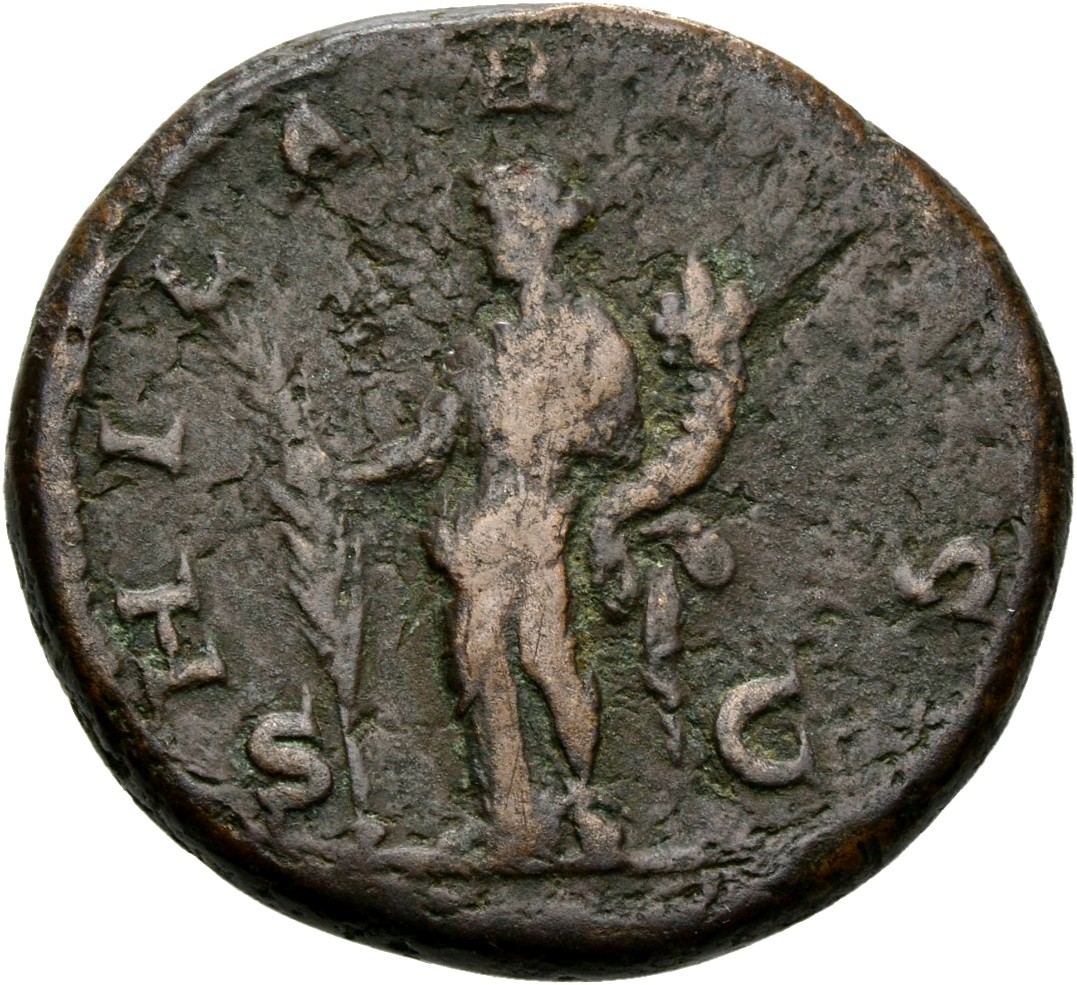 RIC IV Septimius Severus 877 (dupondius) Septimius Severus reverse, Hilaritas, draped, standing left, holding long palm in...