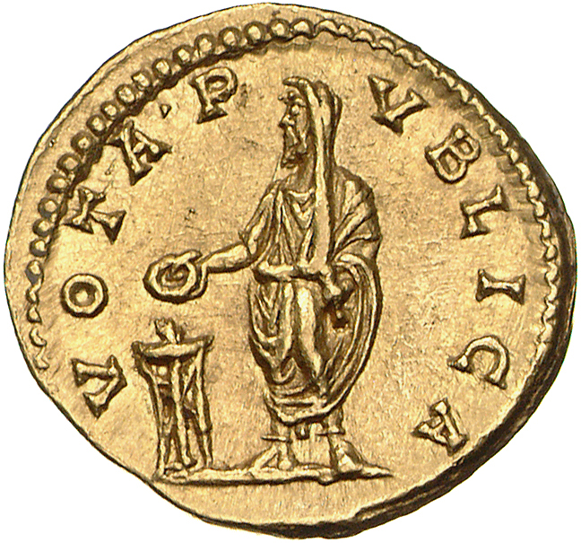 RIC IV Septimius Severus 96B Septimius Severus reverse, Septimius Severus, veiled, togate, standing left, sacrificing out ...