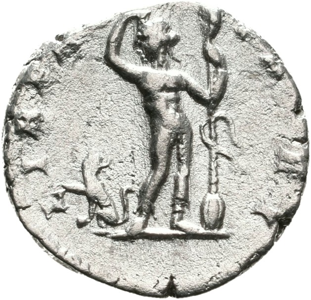 RIC IV Septimius Severus 99 (denarius) Septimius Severus reverse, Bacchus (Liber), standing front, head left, right hand o...