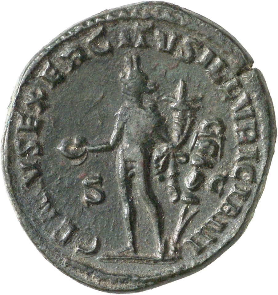 RIC IV Trajan Decius 105C Trajan Decius reverse, Genius, wearing polos on head, nude except for short cloak on shoulders, ...