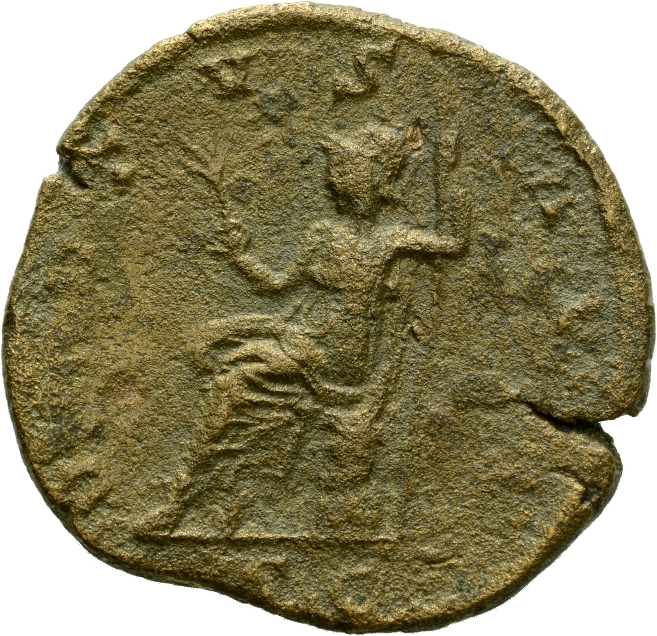 RIC IV Trajan Decius 109A Trajan Decius reverse, Virtus, helmeted, half-draped, seated left on cuirass, holding branch in ...