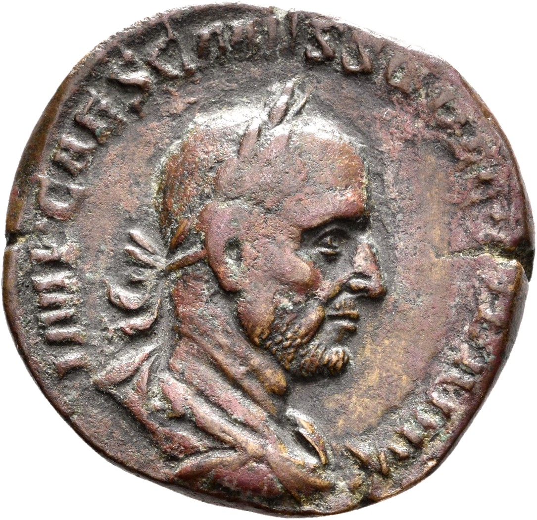 RIC IV Trajan Decius 109A Trajan Decius obverse — Bust of Trajan Decius, laureate, draped, right