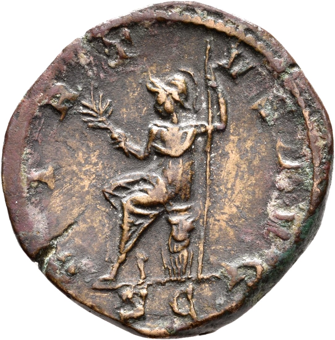 RIC IV Trajan Decius 109A Trajan Decius reverse — Virtus, helmeted, half-draped, seated left on cuirass, holding branch in...