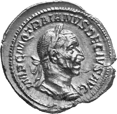 RIC IV Trajan Decius 10A Trajan Decius obverse, Bust of Trajan Decius, laureate, draped, cuirassed, right