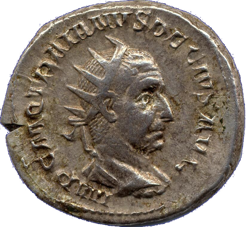 RIC IV Trajan Decius 10B Trajan Decius obverse — Bust of Trajan Decius, radiate, draped, cuirassed, right