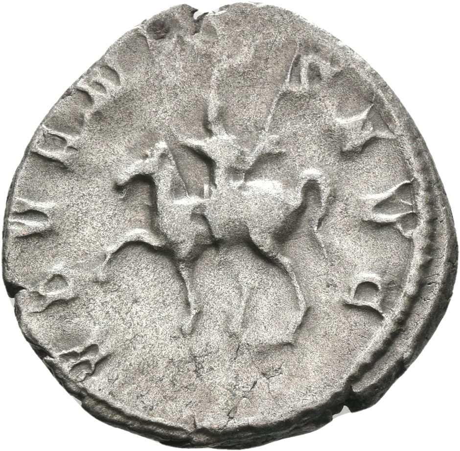 RIC IV Trajan Decius 11 Trajan Decius reverse, Trajan Decius, in military attire, on horse prancing left, raising right ha...