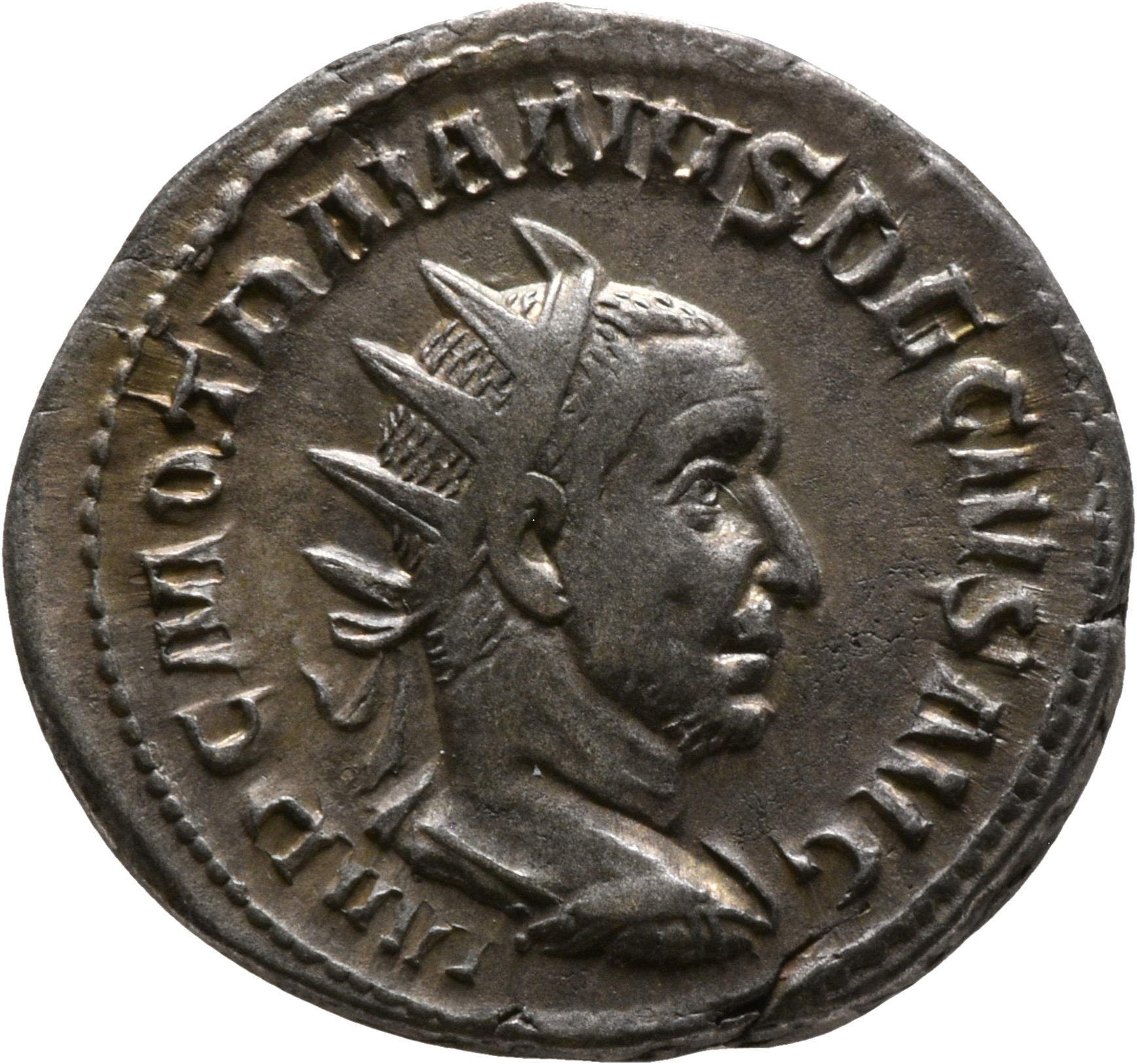 RIC IV Trajan Decius 11 Trajan Decius obverse — Büste des Trajanus Decius mit Strahlenkrone nach r.