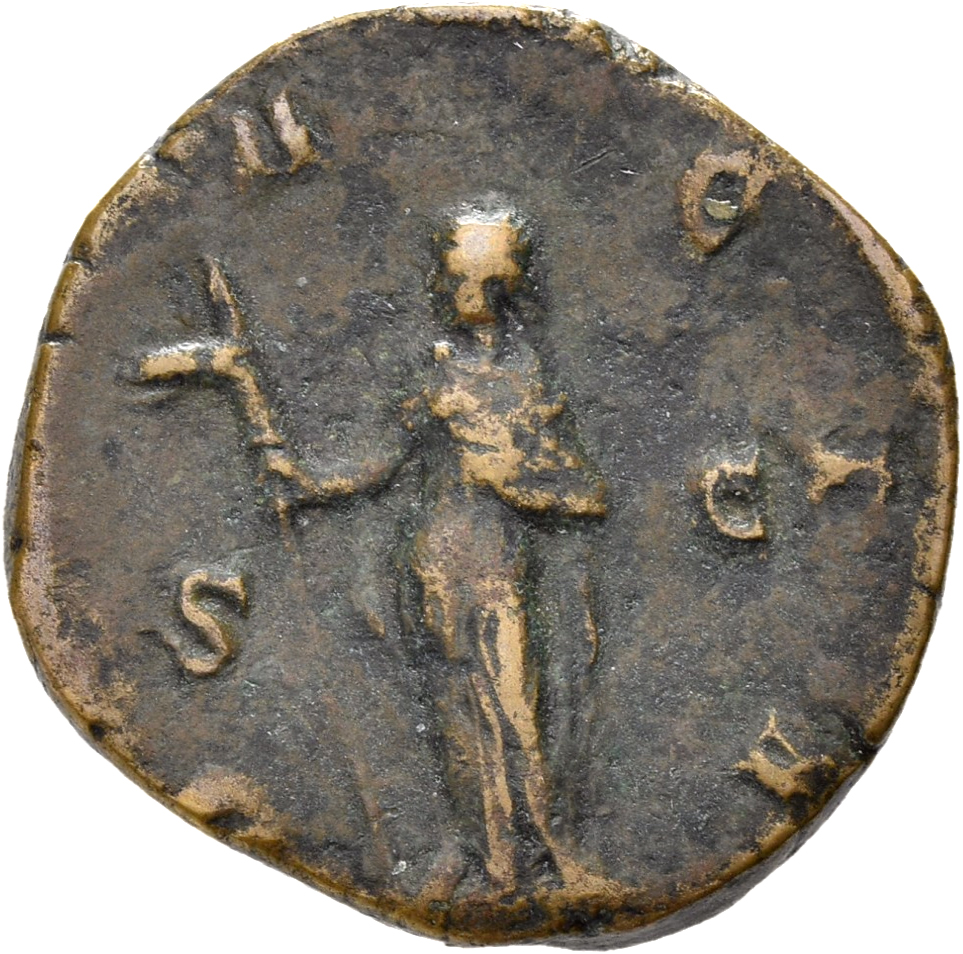 RIC IV Trajan Decius 112A Trajan Decius reverse, Dacia, draped in long robe reaching feet, standing left, holding vertical...