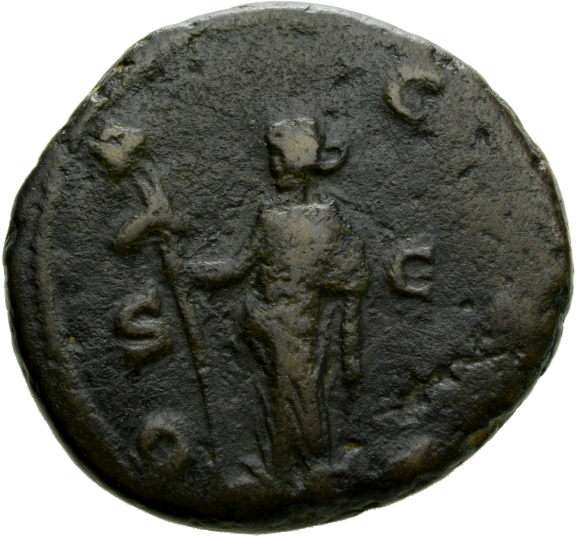 RIC IV Trajan Decius 112D Trajan Decius reverse, Dacia, draped in long robe reaching feet, standing left, holding vertical...