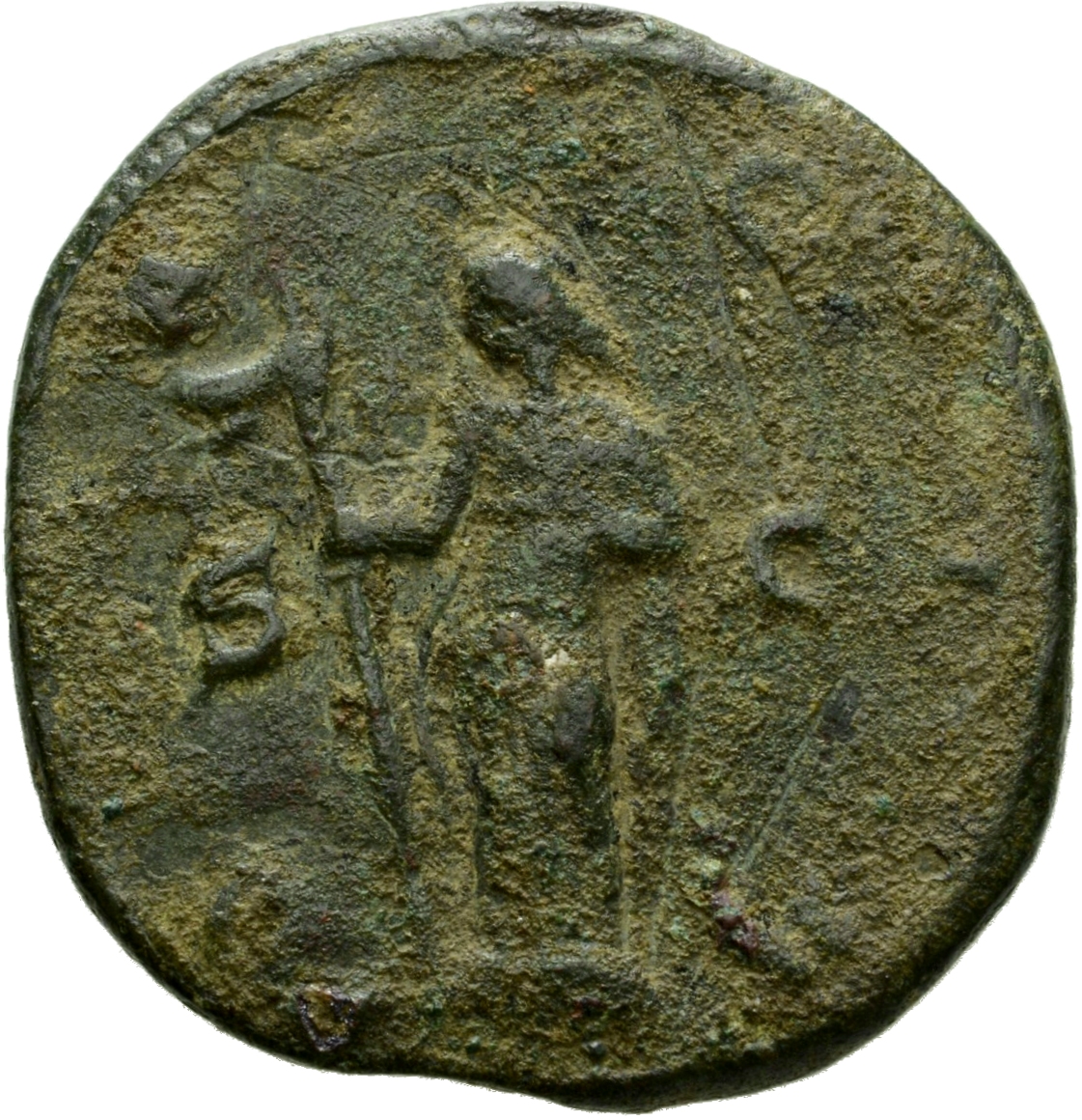 RIC IV Trajan Decius 112F Trajan Decius reverse, Dacia, draped in long robe reaching feet, standing left, holding vertical...