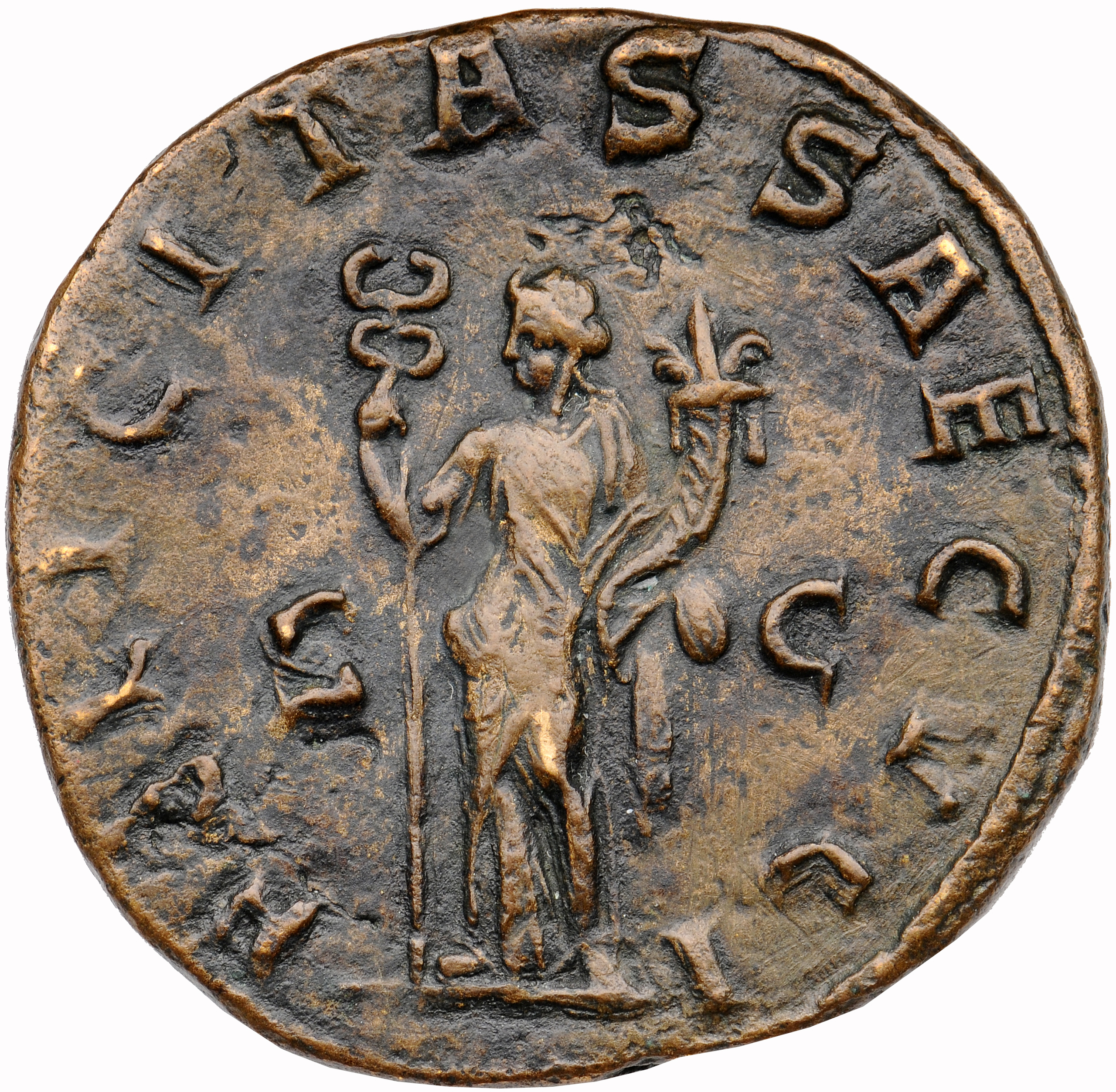 RIC IV Trajan Decius 115 Trajan Decius reverse, Felicitas, draped, standing left, holding long caduceus in right hand, and...
