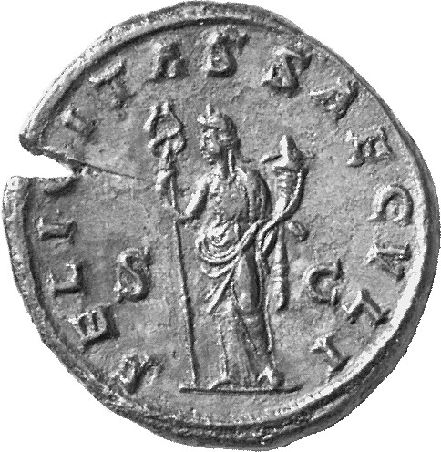 RIC IV Trajan Decius 115A Trajan Decius reverse, Felicitas, draped, standing left, holding long caduceus in right hand, an...