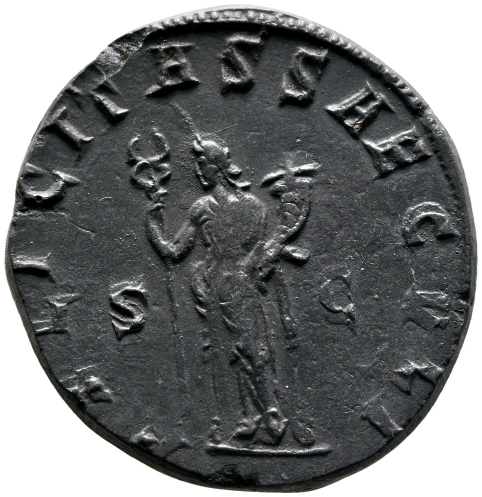 RIC IV Trajan Decius 115A Trajan Decius reverse — Felicitas, draped, standing left, holding long caduceus in right hand, a...