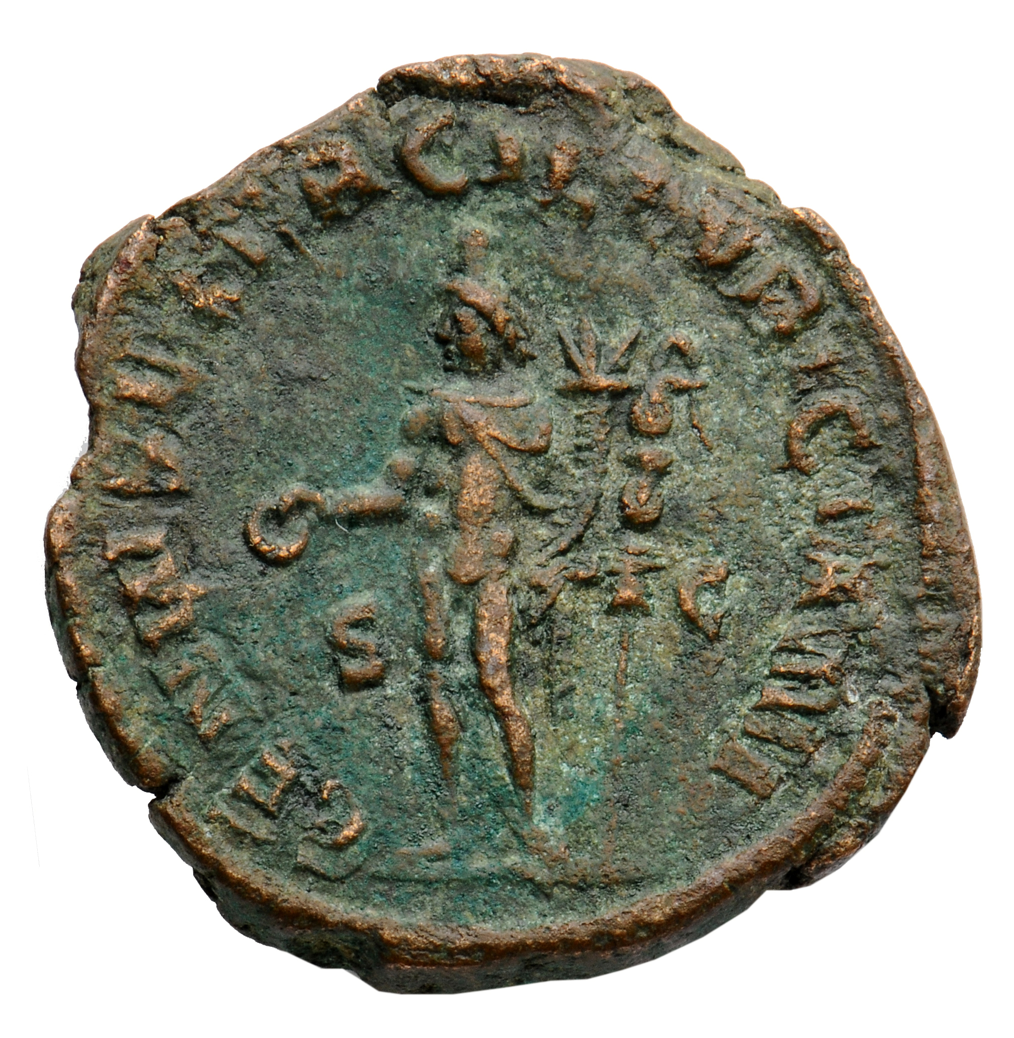 RIC IV Trajan Decius 117A Trajan Decius reverse, Genius, wearing polos on head, nude except for short cloak on shoulders, ...