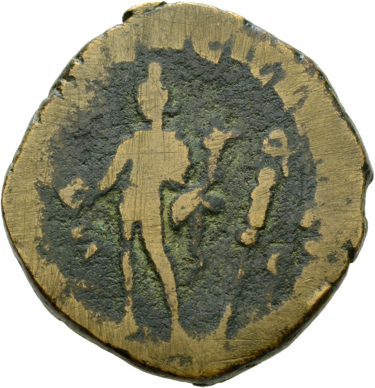 RIC IV Trajan Decius 117B Trajan Decius reverse, Genius, wearing polos on head, nude except for short cloak on shoulders, ...