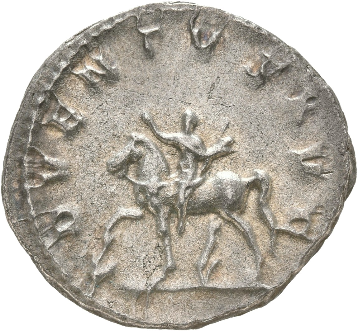 RIC IV Trajan Decius 11B Trajan Decius reverse, Trajan Decius, in military attire, on horse prancing left, raising right h...