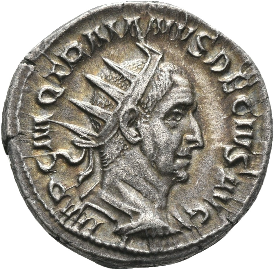 RIC IV Trajan Decius 11B Trajan Decius obverse — Bust of Trajan Decius, radiate, draped, cuirassed, right