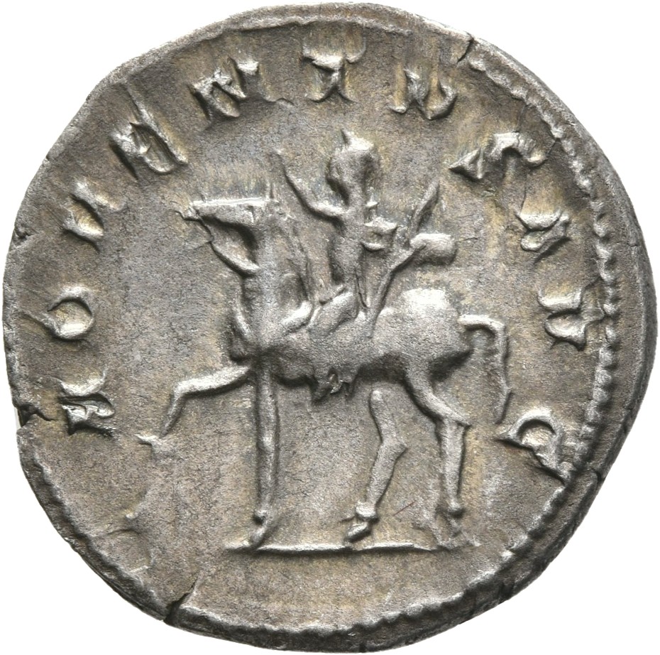 RIC IV Trajan Decius 11B Trajan Decius reverse — Trajan Decius, in military attire, on horse prancing left, raising right ...