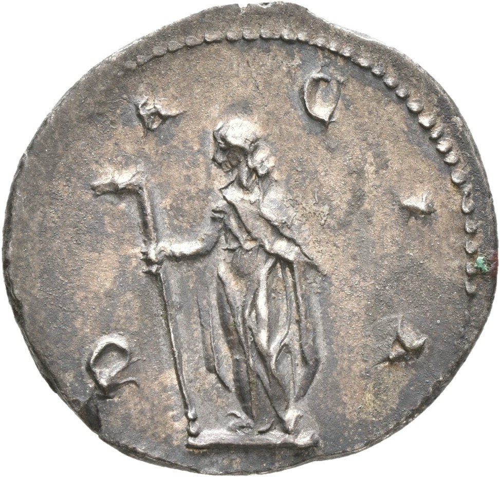 RIC IV Trajan Decius 12 Trajan Decius reverse, Dacia, draped in long robe reaching feet, standing left, holding vertical s...