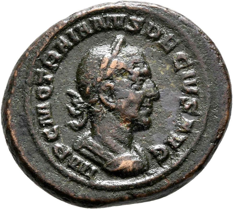 RIC IV Trajan Decius 128 Trajan Decius obverse — Bust of Trajan Decius, laureate, cuirassed, right