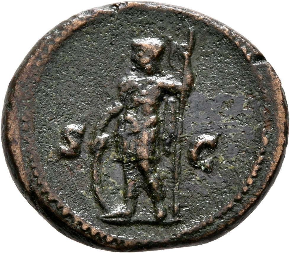 RIC IV Trajan Decius 128 Trajan Decius reverse — Mars, helmeted, in military attire, standing left, resting right hand on ...