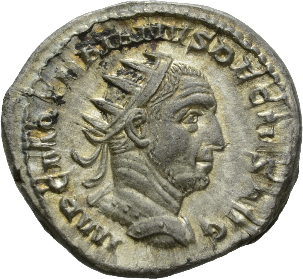 RIC IV Trajan Decius 12B Trajan Decius obverse, Bust of Trajan Decius, radiate, draped, cuirassed, right