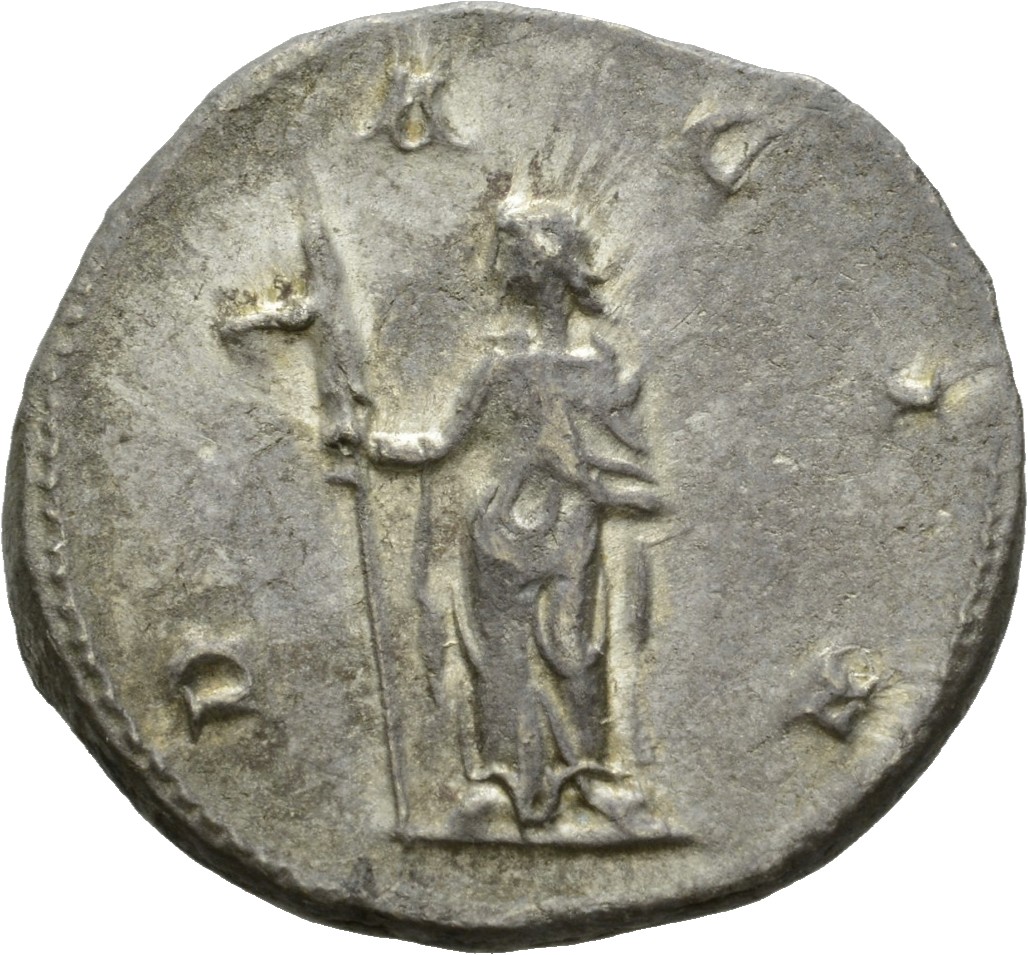 RIC IV Trajan Decius 12B Trajan Decius reverse, Dacia, draped in long robe reaching feet, standing left, holding vertical ...