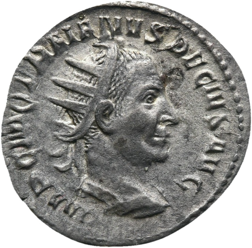 RIC IV Trajan Decius 12B Trajan Decius obverse — Bust of Trajan Decius, radiate, draped, cuirassed, right