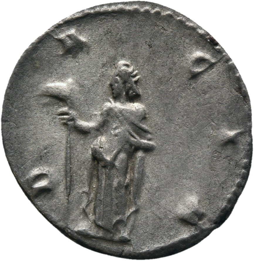 RIC IV Trajan Decius 12B Trajan Decius reverse — Dacia, draped in long robe reaching feet, standing left, holding vertical...