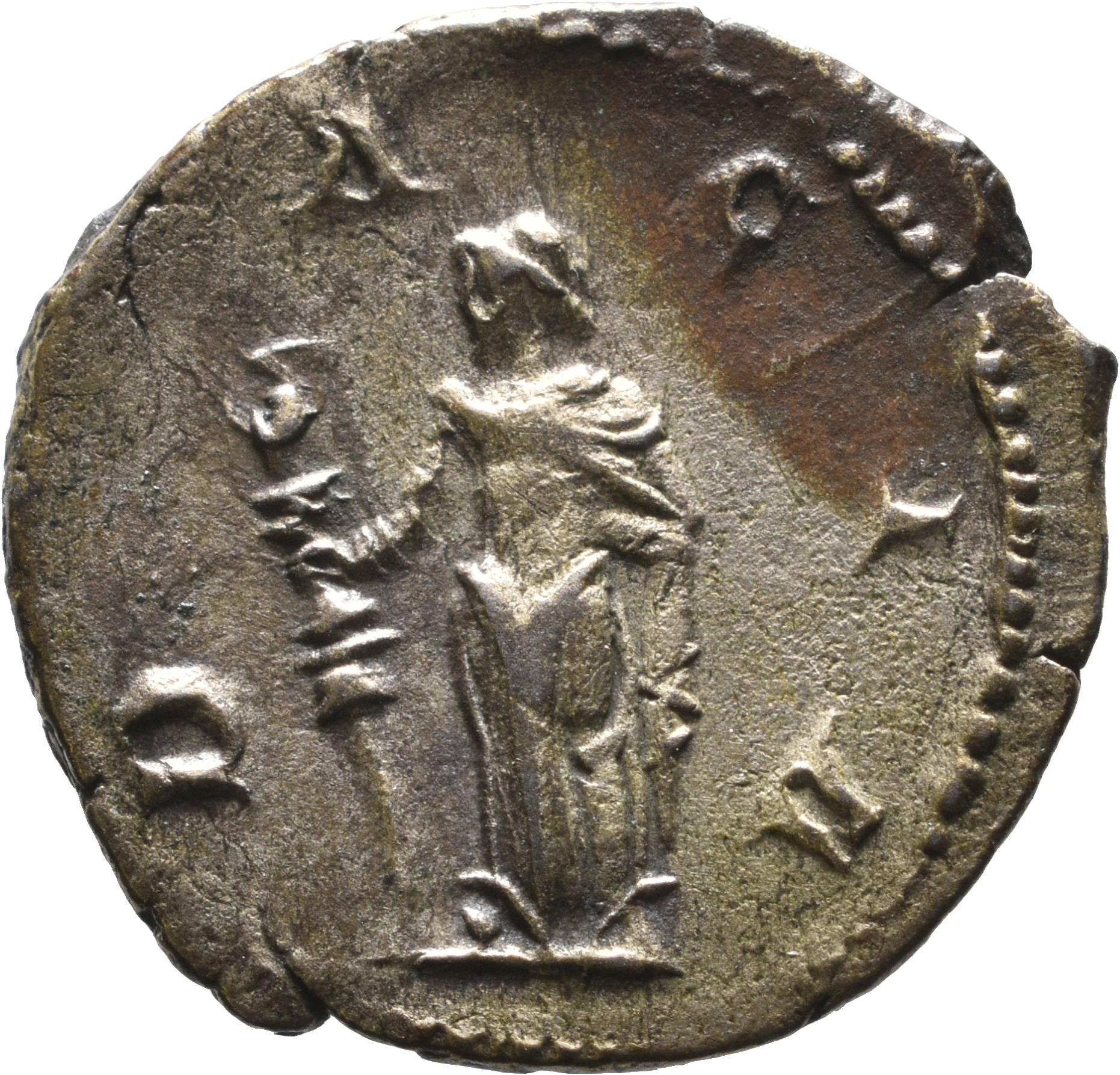 RIC IV Trajan Decius 13 Trajan Decius reverse, Dacia, draped in long robe reaching feet, standing left, holding standard i...