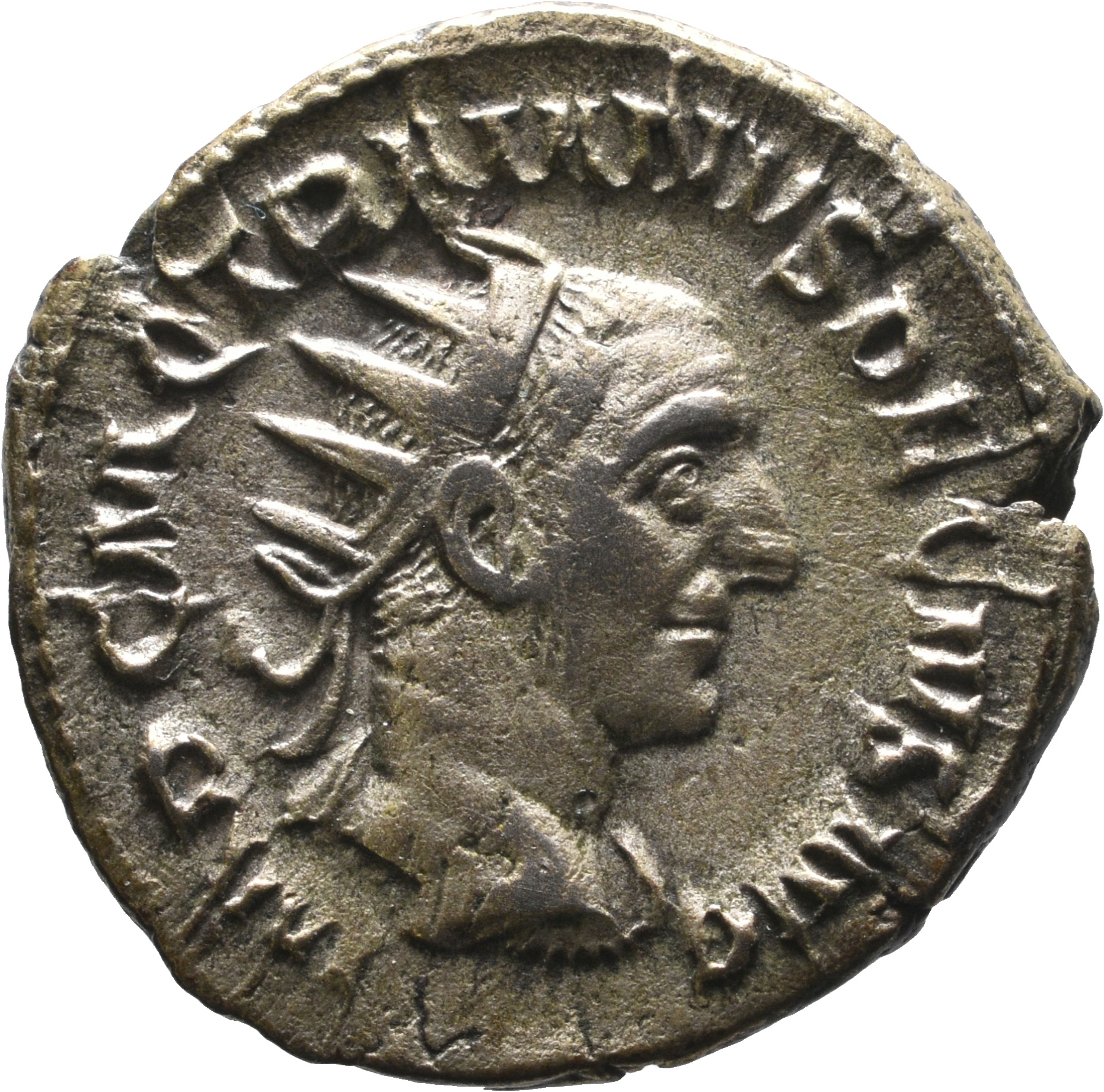 RIC IV Trajan Decius 13 Trajan Decius obverse — Bust of Trajan Decius, radiate, draped, cuirassed, right