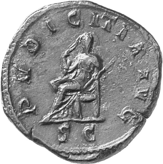 RIC IV Trajan Decius 136B Trajan Decius reverse, Pudicitia, draped, veiled, seated left, drawing veil with right hand, hol...