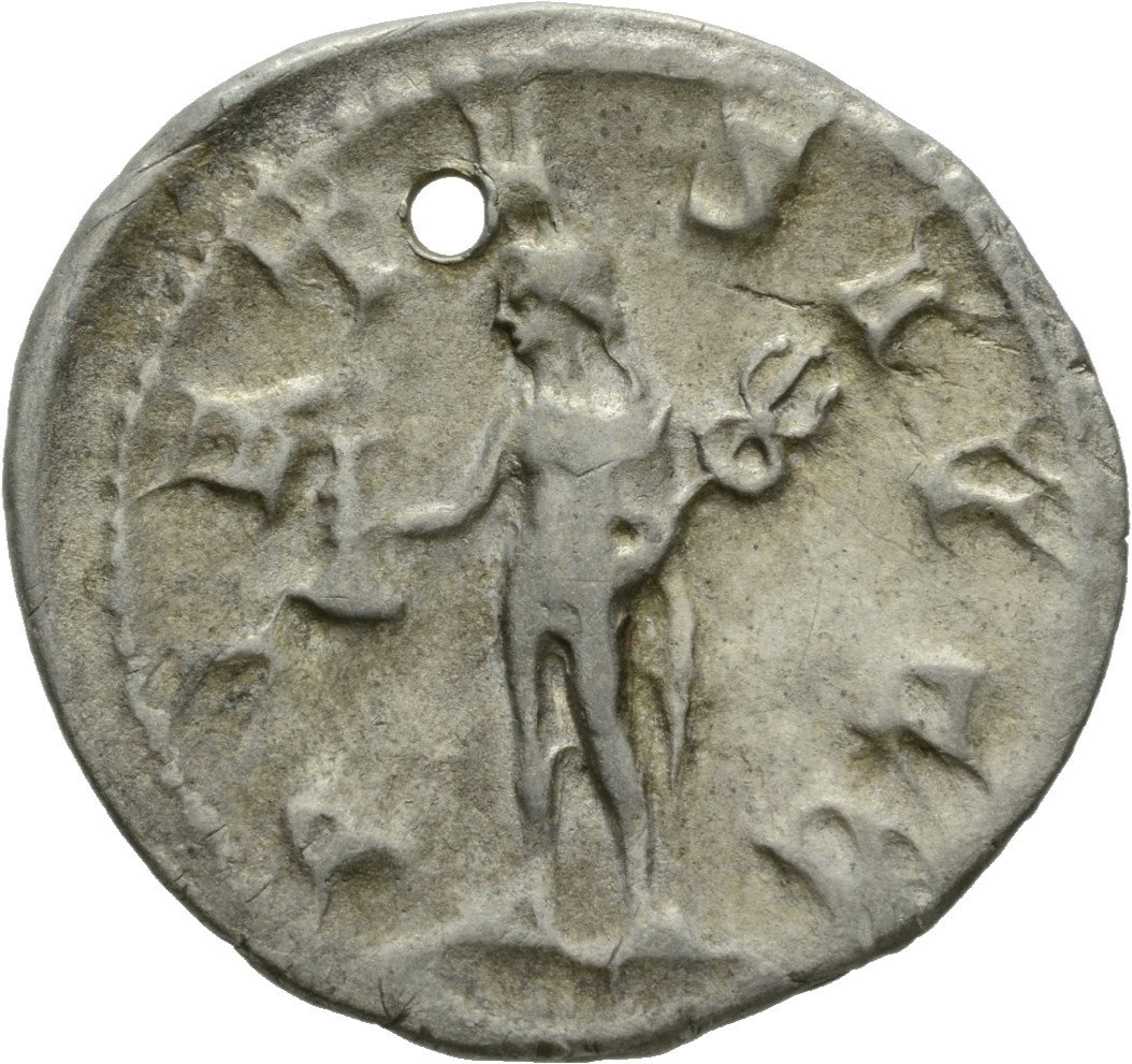 RIC IV Trajan Decius 142B Trajan Decius reverse, Mercury, nude except for cloak on shoulders, standing left, holding purse...