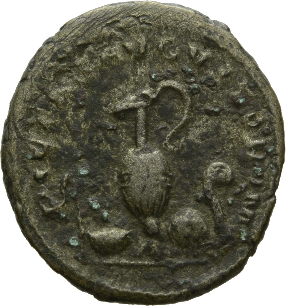 RIC IV Trajan Decius 143 Trajan Decius reverse, Sprinkler, simpulum, jug, and lituus