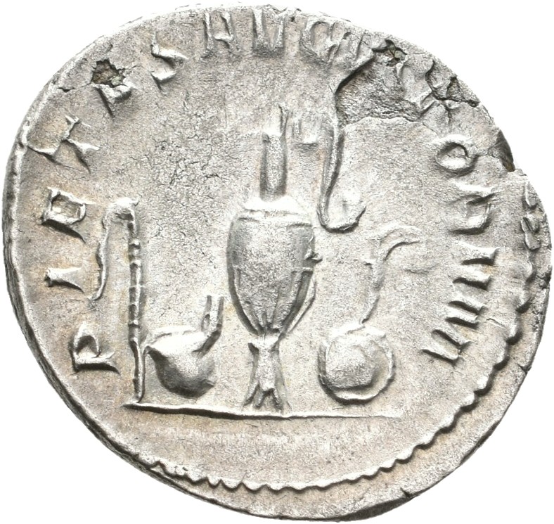 RIC IV Trajan Decius 143 Trajan Decius reverse — Sprinkler, simpulum, jug, and lituus