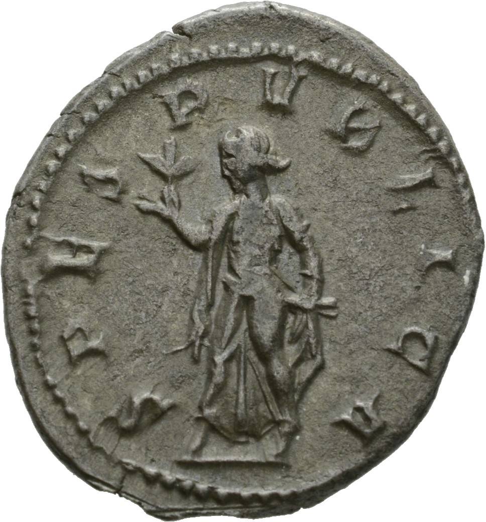 RIC IV Trajan Decius 149 Trajan Decius reverse, Spes, draped, advancing left, holding flower in right hand and raising ski...