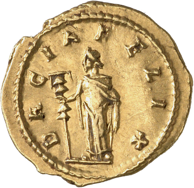 RIC IV Trajan Decius 14A Trajan Decius reverse, Dacia, draped in long robe reaching feet, standing left, holding standard